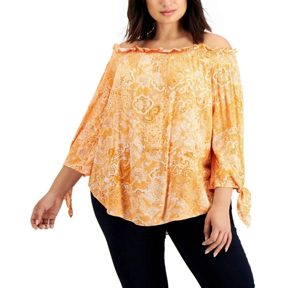 Michael Kors Top Womens Size 1X Paisley Off Shoulder Tie Sleeve Flowy Beach Boho